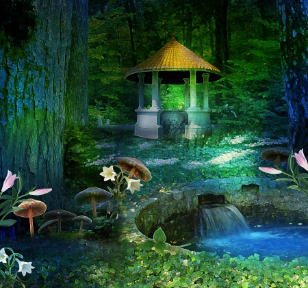 Fantasy world - river, fantasy, water, waterfall, well, mushrooms, forest