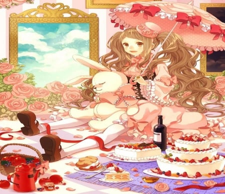 Sweet Girl - girl, long hair, orginal, cake, pink, sweet, dessert, cute, lolita