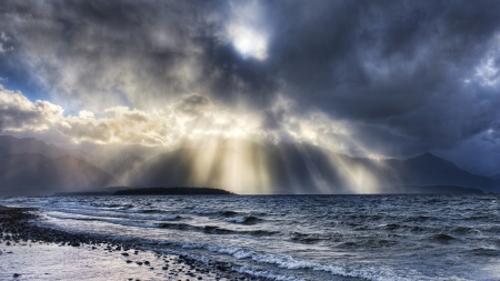 amazing sky over a seashore - clouds, beams, beach, waves, sea, sky