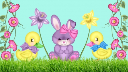 Easter bunny and ducks - easter, duck, cute, grass, vector, bunny