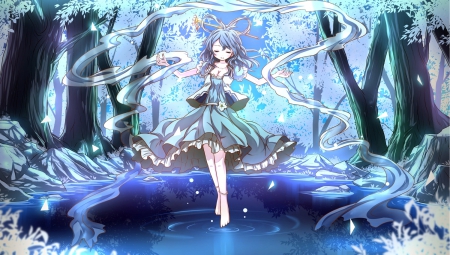 ~Hear Me~ - water, night, barefoot, blue hair, touhou, forest, anime, kaku seiga, dress