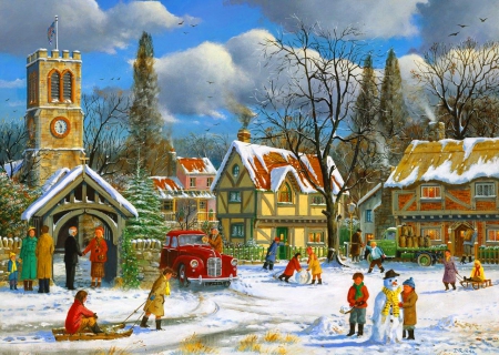 Winter season - snowy, lights, joy, beautiful, frozen, village, game, frost, snowman, cottages, christmas, countryside, fun, colorful, cold, winter, play, church, season, art, sky, holiday, town, houses, people, ice, trees, painting, kids, snow