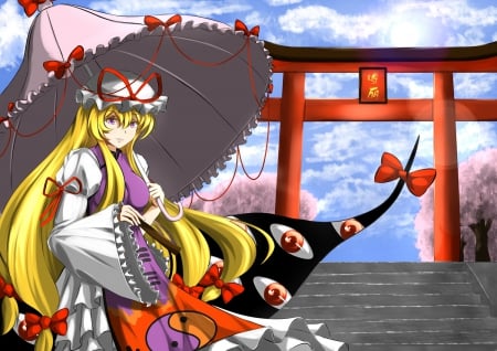 Yakumo Yukari - yakumo yukari, purple eyes, touhou, cherry blossoms, blonde, anime, umbrella, stairs, sky, long hair, clouds, hat, bows