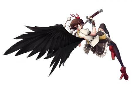 Shameimaru Aya - shameimaru aya, hat, anime, sword, brown hair, red eyes, pointed ears, short hair, touhou, wings, weapon, gloves