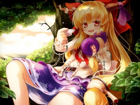 Want Some? - trees, anime, blonde, long hair, leaves, red eyes, horns, chains, touhou, ibuki suika, navel