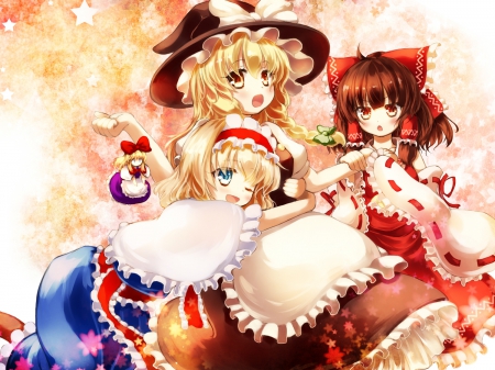 We Love You Kirisame!! - dresses, blush, japanese clothes, alice margatroid, hakurei reimu, kirisame marisa, blonde, wink, shanghai doll, hat, colorful, touhou, short hair, brown hair, anime, witch, friends, brown eyes, blue eyes, bows