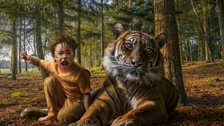 Boy and Tiger - white, forests, yellow, animals, boys, upscaled, tigers