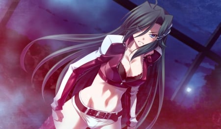 Sheril McGregor - bra, pretty, anime, female, cleavage, green hair, long hair, nice, blue eyes, vermilion bind of blood, vermilio, anime girl, game, beautiful, beauty, cool, cg, angry, awesome, lights, sexy, SHERIL MCGREGOR, underwear