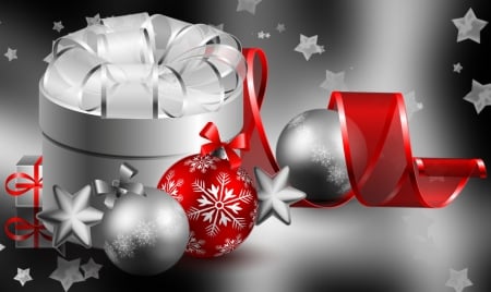 Christmas background - nice, new year, stars, winter, lovely, christmas, balls, silver, pretty, arrangement, red, beautiful, holiday, ribbon, gifts, decoration