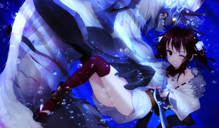 Let me go! - nice, beauty, female, water, twintail, anime girl, brown hair, red eyes, miko, pretty, cool, anime, sword, demon, yellow eyes, weaon, monster, long hair, blood, horns, fight, beautiful, weapon, sweet, awesome, sea