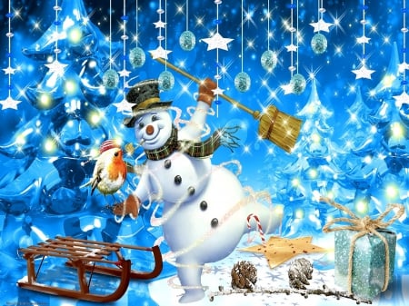 ★Cheerful Snowman★ - bird, hanging, blue, creative pre-made, greetings, holidays, photomanipulation, stars, celebrations, jolly, ornaments, decorations, seasons, most downloaded, snowman, sparkle, winter, balls, digital art, weird things people wear, lovely, xmas and new year, cheerful, christmas, glow, happiness, bright, xmas trees, love four seasons