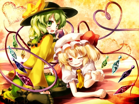 Flandre & Koishi - flandre scarlet, colorful, wings, hats, komeiji koishi, red eyes, touhou, green eyes, anime, wink, friends, green hair, blonde