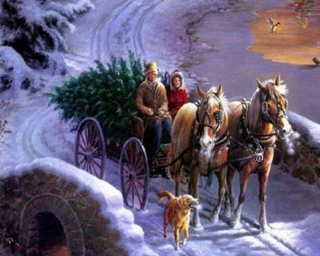 Bring The Tree Home - christmas, horses, snow, wagon, dog, tree