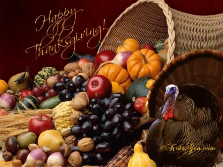 Happy Thanksgiving - pumpkins, peacock, fruits, grapes, apples