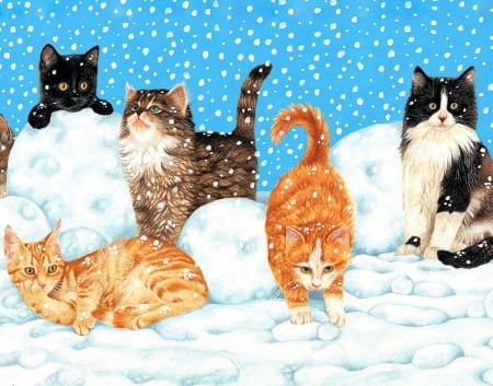 Winter cats - fun, winter, snowflakes, beautiful, snow, lovely, joy, playing, frozen, nature, painting, cats, frost, friends, art