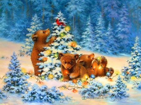 Christmas joy - fun, snow, forest, joy, mountain, holiday, frost, art, game, mears, beautiful, snowy, slope, playing, tree, christmas, frozen, santa, nature, lights, painting, cold, little, day