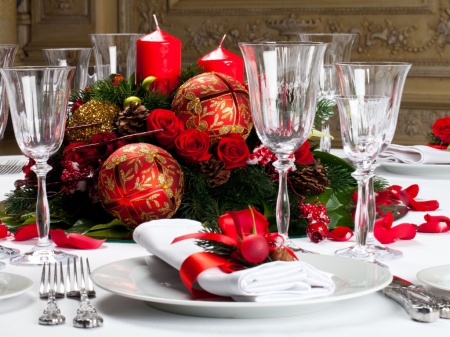 Christmas table - season, glasses, candles, photography, winter, plates, christmas, abstract, arrangement, red, festive, table, holiday, family, ornaments, happy