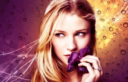 Emilie De Ravin - yellow, by cehenot, girl, blonde, orchid, flower, pink, emilie de ravin, actress, purple, woman, water drops