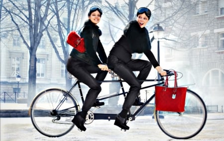 Emily Didonato and Coco Rocha - woman, coco rocha, girl, winter, bicycle, emily didonato, model, white, snow, red, bycicle