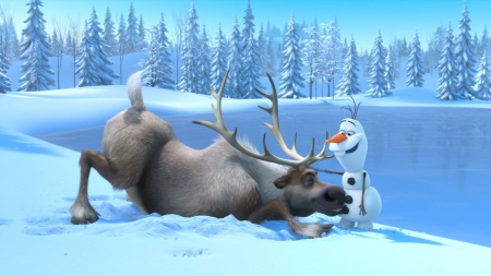 Frozen (2013) - snowman, lake, movie, winter, white, reindeer, blue, disney, frozen, tree