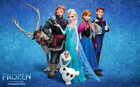 Frozen (2013) - snowman, movie, people, winter, white, reindeer, pink, blue, disney, frozen