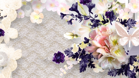 Flowers and Lace - flowers, blooms, blossoms, buds, butterfly, lace, floral, leaves