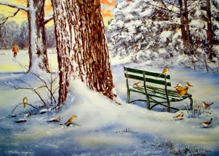 Sharing hand - quiet, birds, snow, forest, man, alleys, calmness, sharing, frost, bench, art, trees, winter, rest, feed, ice, frozen, hand, painting, cold, serenity, day, peaceful, park