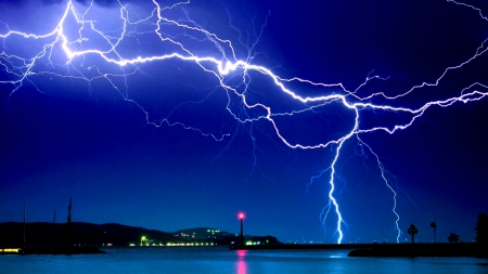 DRAMATIC LIGHTNING - sky, skyline, cities, night, lightning, waterscapes