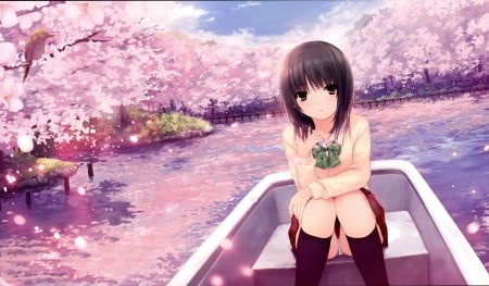 Alone - beautiful, anime, girl, boat