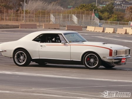 1968-Chevy-Camaro - Bowtie, GM, Red Stripe, White