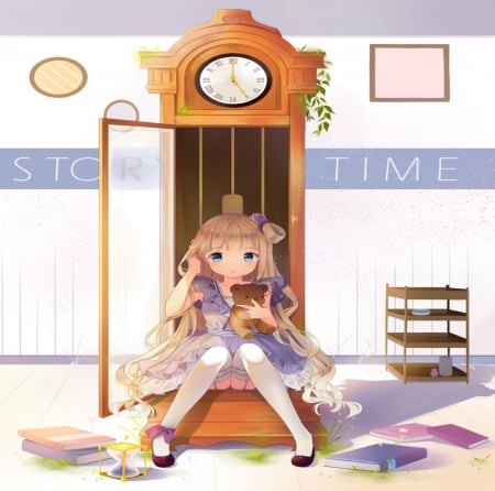 Stop the Time - beauty, girl, time, lovely, white, art, brown, pretty, blue, beautiful, clock, anime, sweet, cute, dress