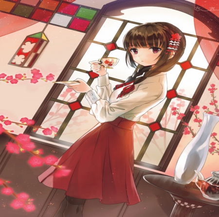 Tea Time - woman, beauty, white, brown, art, window, pretty, anime, cute, lady, girl, tea, long hair, lovely, cup, red, beautiful, pink, blossom, sweet, flowers, dress