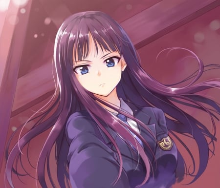 Touma Kazusa - woman, beauty, art, purple, pretty, anime, cute, lady, girl, long hair, lovely, jacket, schol, blue, beautiful, pink, red, sweet, uniform