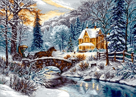 Winter magic - calm, quiet, magic, snow, forest, eve, mountain, holiday, frost, nice, cottage, house, winter, beautiful, lovely, tree, christmas, river, ice, frozen, fairytrale, lights, tapestry, cold, serenity, bridge