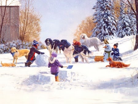 Doggone winter - joy, sleigh, beautiful, snowman, dogs, magic, fun, winter, pretty, snowflakes, slope, art, sky, holiday, children, nice, friends, lovely, snowfall, trees, painting, day, kids, snow