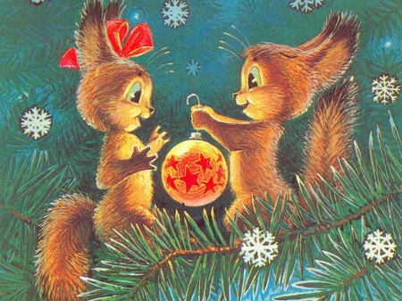 Christmas Squirrels - christmas, sparkle, ball, cute, squirrels, lovely, love, tree