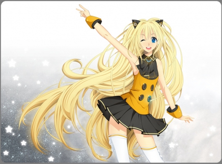 ~Seeu~ - anime, vocaloid, skirt, animal ears, blonde, wink, seeu, long hair, blue eyes