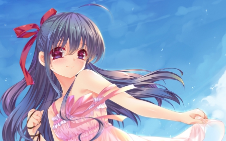 I Love Summertime!! - anime, summer, dress, girl, blush, lovely, long hair, purple eyes, ribbon, bow