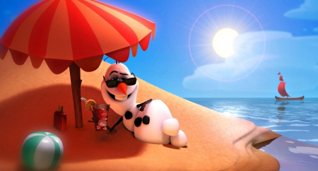 Frozen (2013) - snowman, beach, sky, movie, sun, summer, ball, blue, umbrella, disney, orange, frozen, sea, sand, boat