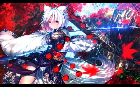 Inubashiri Momiji - nice, beauty, trees, touhou, pretty, cool, game, petals, sword, kimono, short hair, yellow eyes, tail, touhou project, skirt, animal ears, cg, fox, beautiful, weapon, awesome, dress, lights, inubashiri momiji, white hair