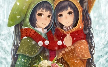 Twins - girl, winter, twins, red, snow, green, anime, orange, bounin, manga