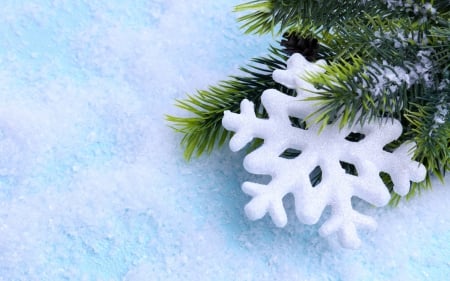 Snowflake - white, winter, snowflake, fir tree, needles, blue, green