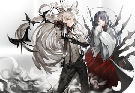 Fujiwara no Mokou and Kaguya Houraisan - anime, female, touhou project, Fujiwara no Mokou, long hair, white hair, dark, touhou, beauties, nice, miko, Kaguya Houraisan, anime girl, game, beautiful, singer, kimono, cool, red eyes, cg, fantasy, smile, awesome, lights, black hair