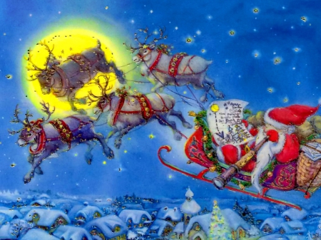 Flying Santa - fly, sleigh, village, cottages, christmas, magic, gifts, light, new year, shine, winter, world, covered, peaceful, season, art, santa claus, sky, letter, holiday, town, friends, moon, house, deers, painting, snow