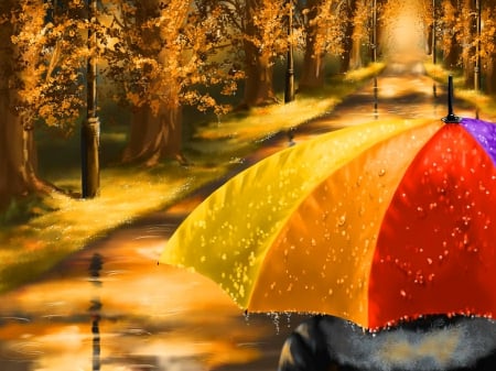 Under the rain - nice, autumn, trees, parks, foliage, calm, fall, umbrella, paintings, rainy, afternoon, drops, falling, rain, park, wuiet, under, lovely, serenity, abstract, love four seasons, alley, beautiful, leaves, lights, fall season