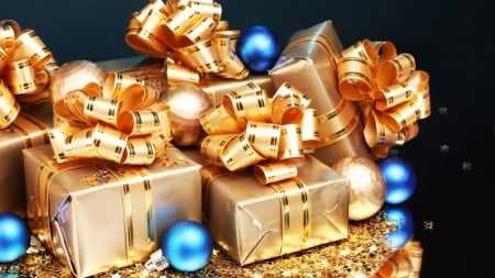 Gilded Gifts - parties, stars, ribbon, holiday, merry christmas, gifts, bells, gold, ornamentes, blue balls, new year