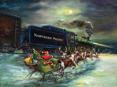 Santa at the Railway - christmas, sledge, locomotive, train, winter, deer, snow