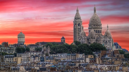 cathedral on a hill in paris at sunset - cathedral, hill, sunset, red, city