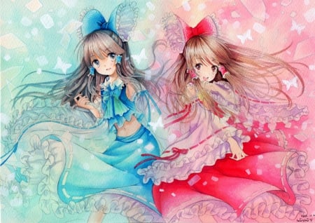 Sweet Tweens - tweens, girls, beauty, black, white, art, dresses, pretty, anime, ribbon, cute, soft, long hair, lovely, blue, beautiful, pink, red, sweet, blonde