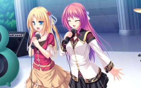 Ryuuyoku no melodia - girls, singing, microphones, manga, anime, purple, blonde, long hair